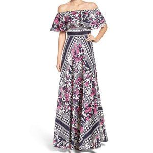 Eliza J Off-The-Shoulder Scarf Printed Maxi Dress
